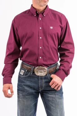 'Cinch' Men's Solid Western Button Down - Burgundy